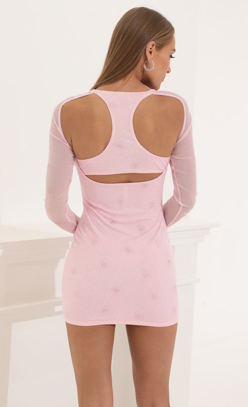 Picture Tavia Mesh Cowl Neck Dress in Pink Glitter. Source: https://media.lucyinthesky.com/data/May22_2/500xAUTO/1V9A5381.JPG