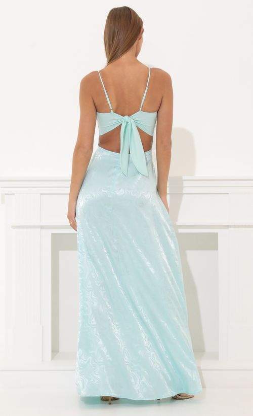 Picture Gala Marble Satin Maxi Dress in Turquoise. Source: https://media.lucyinthesky.com/data/May22_2/500xAUTO/1V9A8062.JPG