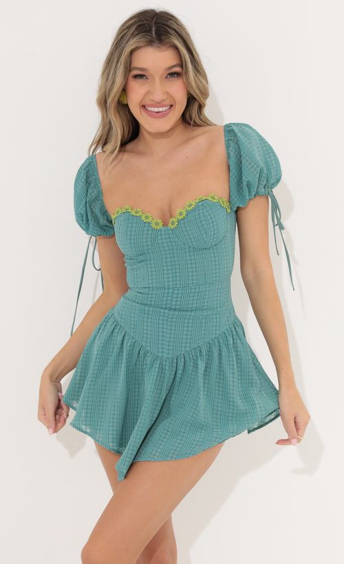 Picture Sunny Chiffon Plaid Fit and Flare Dress in Teal. Source: https://media.lucyinthesky.com/data/May22_2/500xAUTO/1V9A8526.JPG