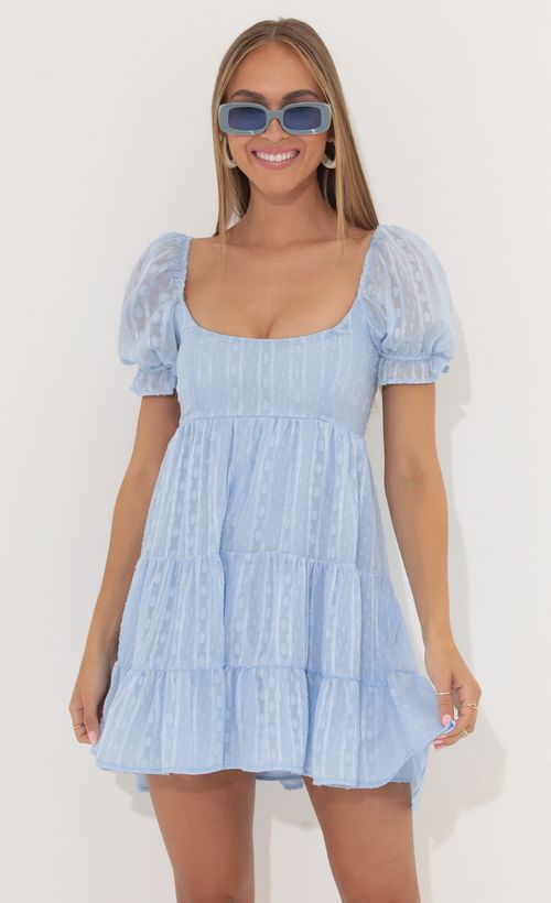 Picture Gloria Chiffon Fit and Flare Dress in Blue. Source: https://media.lucyinthesky.com/data/May22_2/500xAUTO/1V9A8584.JPG