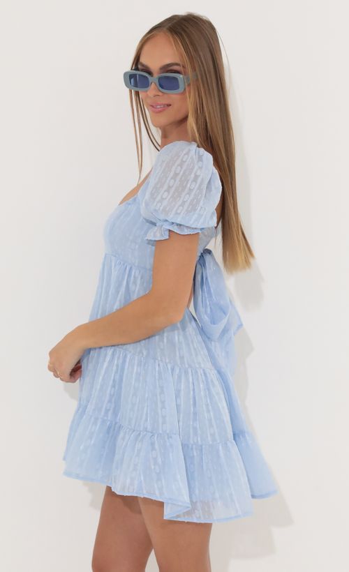Picture Gloria Chiffon Fit and Flare Dress in Blue. Source: https://media.lucyinthesky.com/data/May22_2/500xAUTO/1V9A8624.JPG