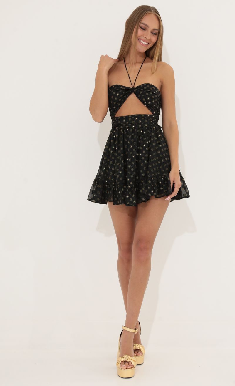 Picture Arli Baby Doll Dress in Black with Gold Dots. Source: https://media.lucyinthesky.com/data/May22_2/800xAUTO/1V9A2612.JPG