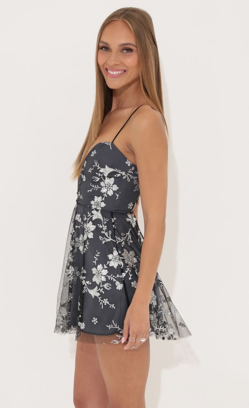 Picture Gladys Glitter Sequin Fit and Flare Dress in Black. Source: https://media.lucyinthesky.com/data/May22_2/800xAUTO/1V9A3584.JPG