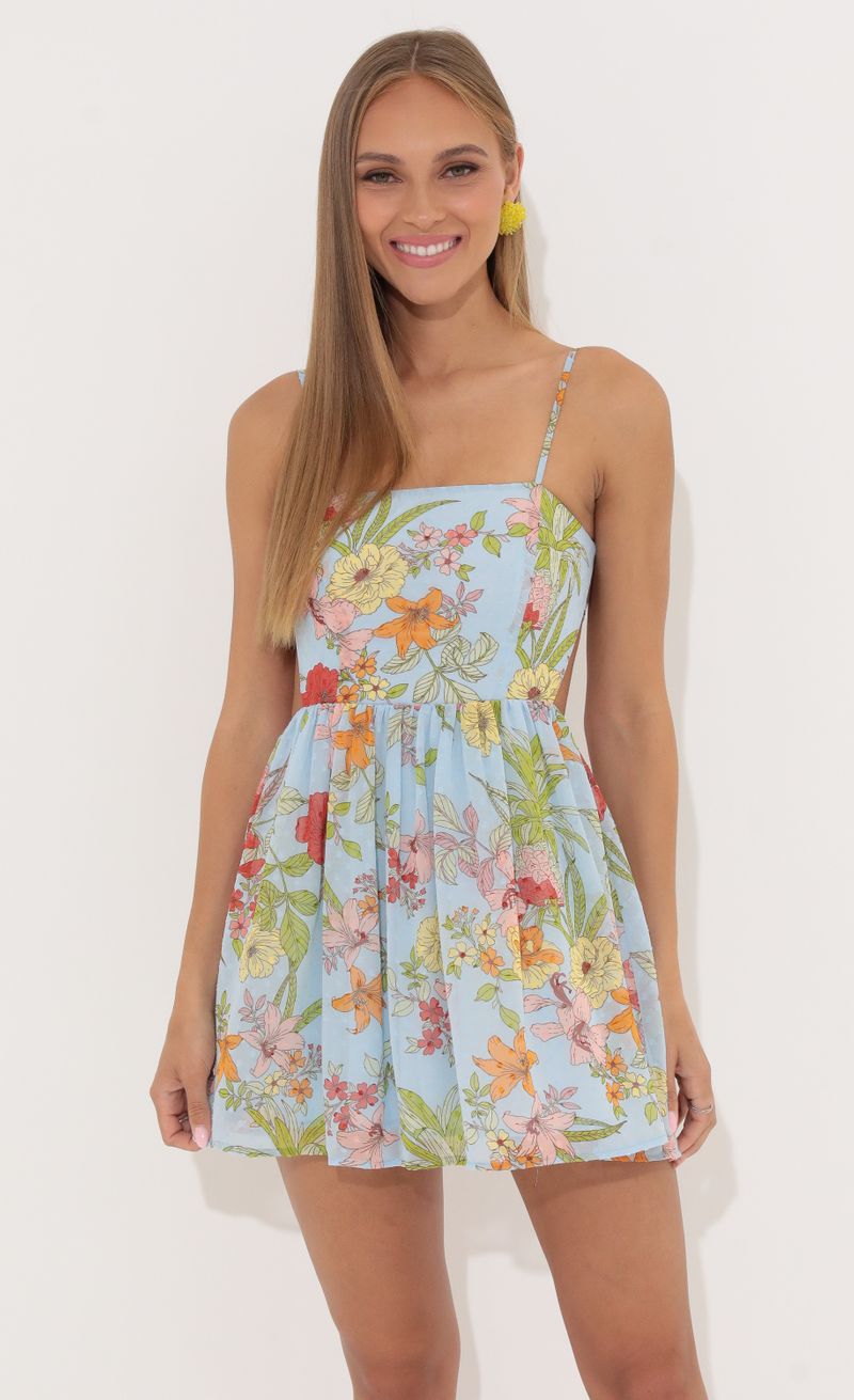 Picture Janey Floral Chiffon A-line Dress in Blue. Source: https://media.lucyinthesky.com/data/May22_2/800xAUTO/1V9A6832.JPG