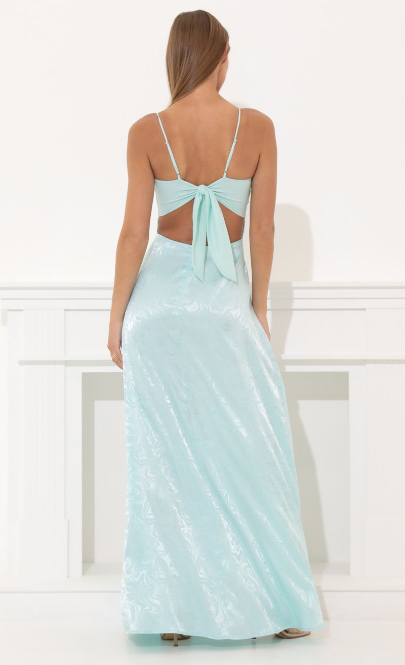Picture Gala Marble Satin Maxi Dress in Turquoise. Source: https://media.lucyinthesky.com/data/May22_2/800xAUTO/1V9A8062.JPG