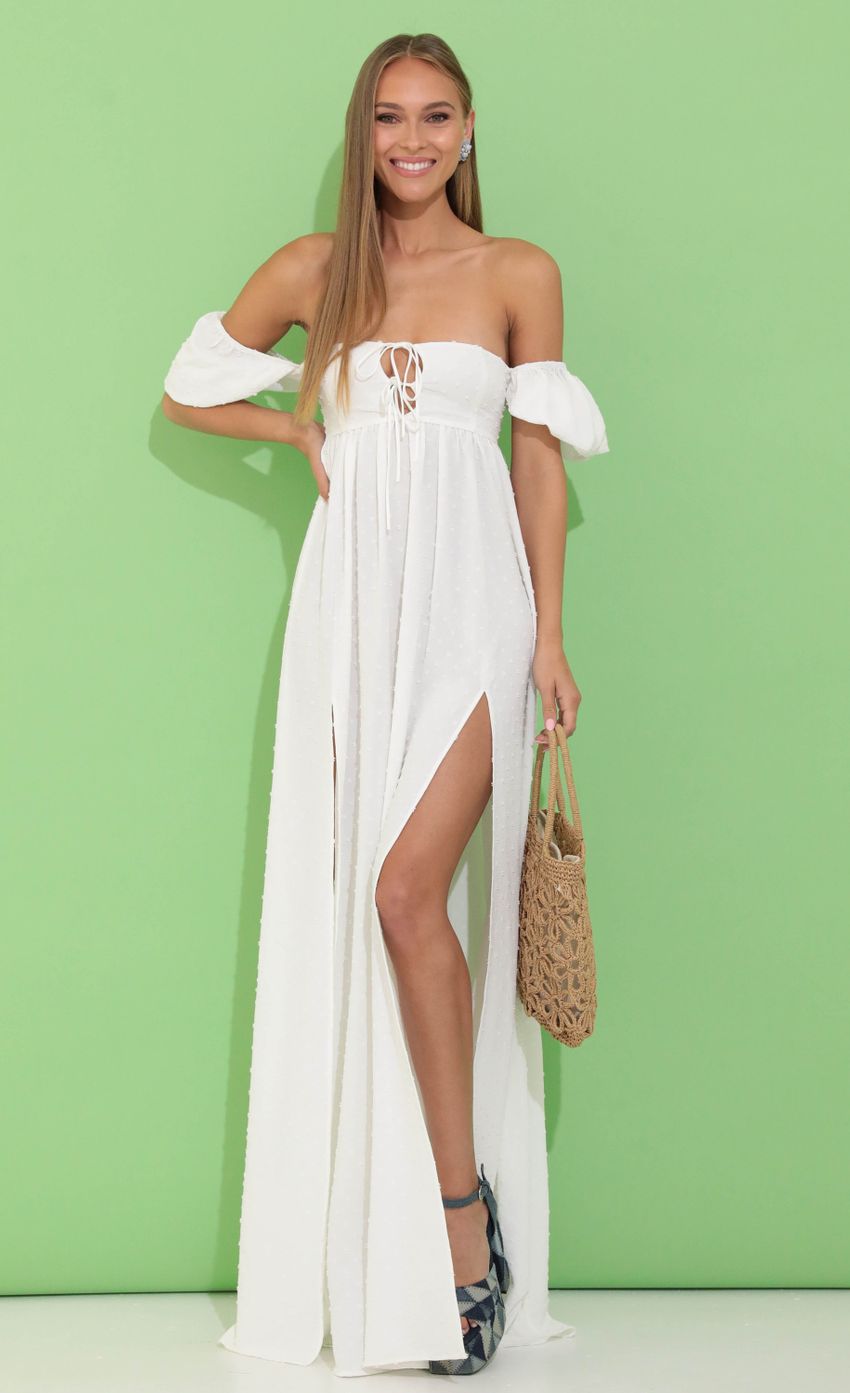 Picture Felicity Dotted Off The Shoulder Maxi in White. Source: https://media.lucyinthesky.com/data/May22_2/850xAUTO/1V9A00521.JPG