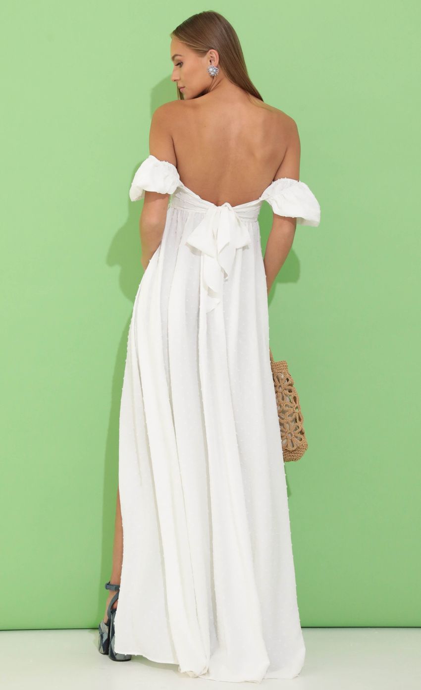 Picture Felicity Dotted Off The Shoulder Maxi in White. Source: https://media.lucyinthesky.com/data/May22_2/850xAUTO/1V9A0113.JPG
