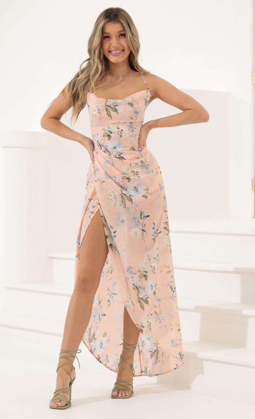 Picture Chiffon Chelsea Print Luxe Maxi Dress in Peach Foil. Source: https://media.lucyinthesky.com/data/May22_2/850xAUTO/1V9A2263.JPG
