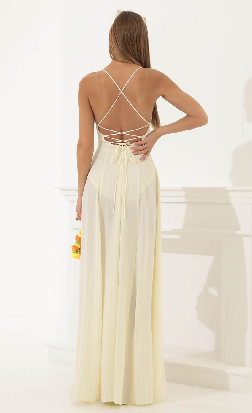 Picture Caitlin Crepe Pinstripe Maxi Dress in Cream. Source: https://media.lucyinthesky.com/data/May22_2/850xAUTO/1V9A5247.JPG