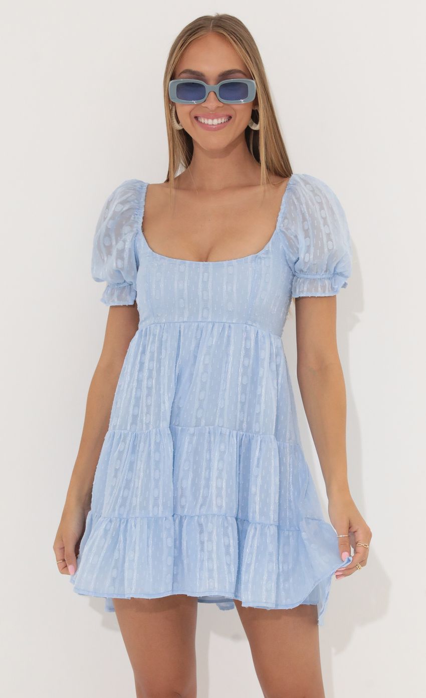 Picture Gloria Chiffon Fit and Flare Dress in Blue. Source: https://media.lucyinthesky.com/data/May22_2/850xAUTO/1V9A8584.JPG