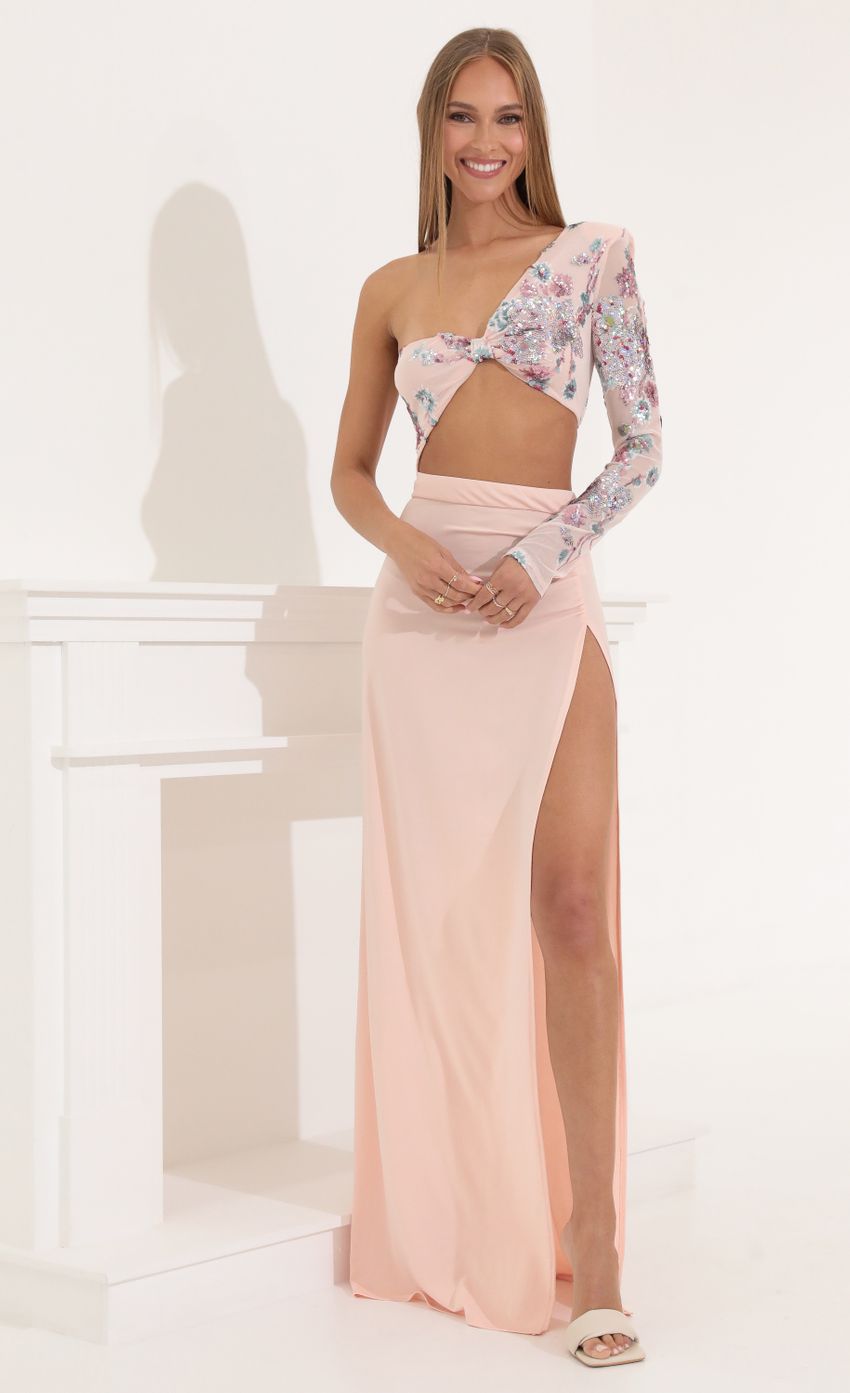 Picture Cheree One Shoulder Sequin Maxi Dress in Pink. Source: https://media.lucyinthesky.com/data/May22_2/850xAUTO/1V9A9626.JPG