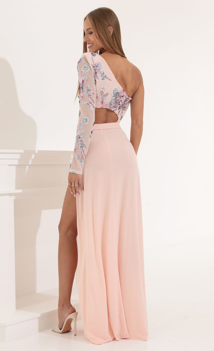 Picture Cheree One Shoulder Sequin Maxi Dress in Pink. Source: https://media.lucyinthesky.com/data/May22_2/850xAUTO/1V9A9782.JPG