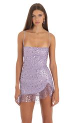 Picture Shan Shimmer Sequin Ruffle Dress in Purple. Source: https://media.lucyinthesky.com/data/May23/150xAUTO/0d74f4c3-bddd-493f-b5d8-86784685ff9f.jpg