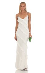 Picture Elowen Ruffle Maxi Dress in White. Source: https://media.lucyinthesky.com/data/May23/150xAUTO/4c8b0e30-9fce-4e93-bafc-becd0bc4437a.jpg