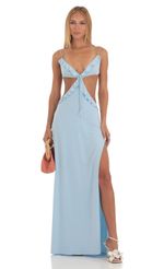Picture Eula Cut Out Dress With Ruffles in Blue. Source: https://media.lucyinthesky.com/data/May23/150xAUTO/9c073feb-ed85-44be-8140-ed6dc3686f73.jpg