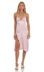 Picture Romy Satin Midi Dress in Pink. Source: https://media.lucyinthesky.com/data/May23/150xAUTO/cd536ba3-f518-4fc4-b62c-37bf0449edcb.jpg
