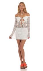 Picture Devika Crochet Cutout Dress in White. Source: https://media.lucyinthesky.com/data/May23/150xAUTO/f8ccb5d0-5f1a-4297-8e66-26d29e27e41d.jpg