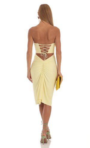 Janece Crepe Rhinestone Corset Maxi Dress in Yellow