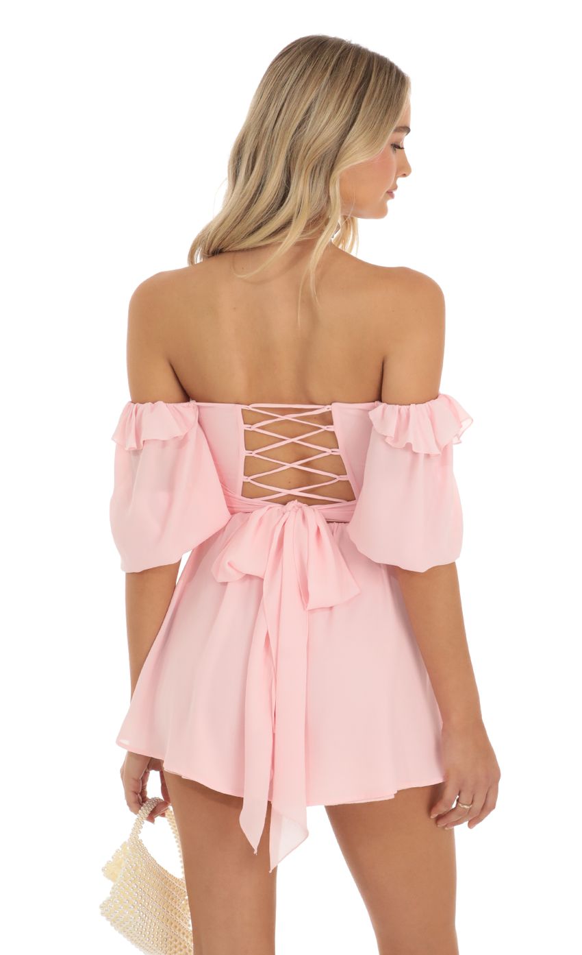 Picture Tracie Chiffon Off The Shoulder Romper in Baby Pink. Source: https://media.lucyinthesky.com/data/May23/850xAUTO/0348aeb5-72c6-4ecb-9bed-801036a60b7e.jpg