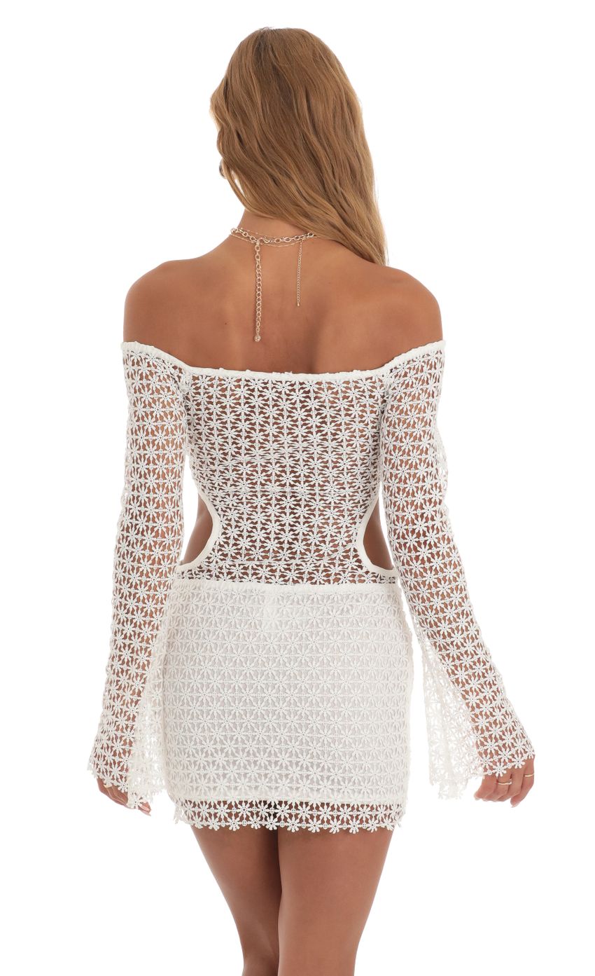 Picture Devika Crochet Cutout Dress in White. Source: https://media.lucyinthesky.com/data/May23/850xAUTO/19282829-b190-4f70-86f8-c554cd9adf3d.jpg