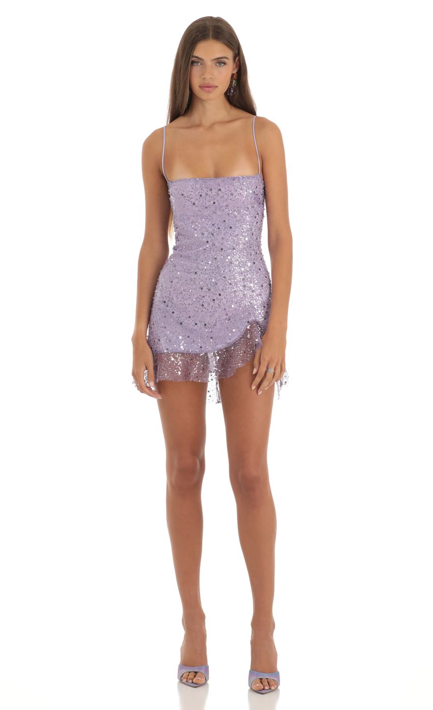 Picture Shan Shimmer Sequin Ruffle Dress in Purple. Source: https://media.lucyinthesky.com/data/May23/850xAUTO/1a1d71c1-c452-45e8-9a8e-a0a235248964.jpg