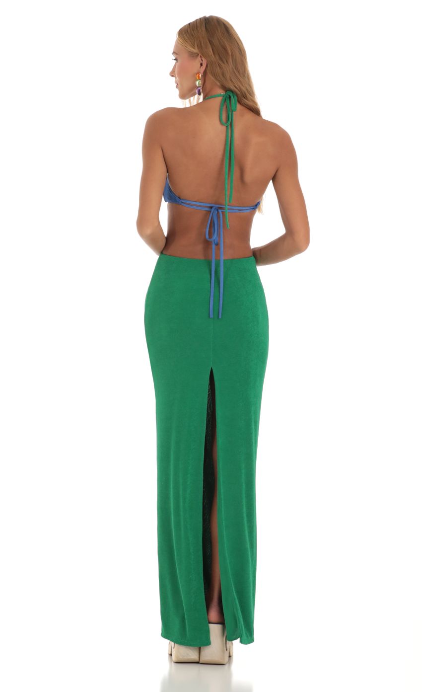 Picture Sonora Two Toned Cutout Maxi Dress in Blue and Green. Source: https://media.lucyinthesky.com/data/May23/850xAUTO/28404f70-cd39-4324-9be7-e7c5cd183784.jpg
