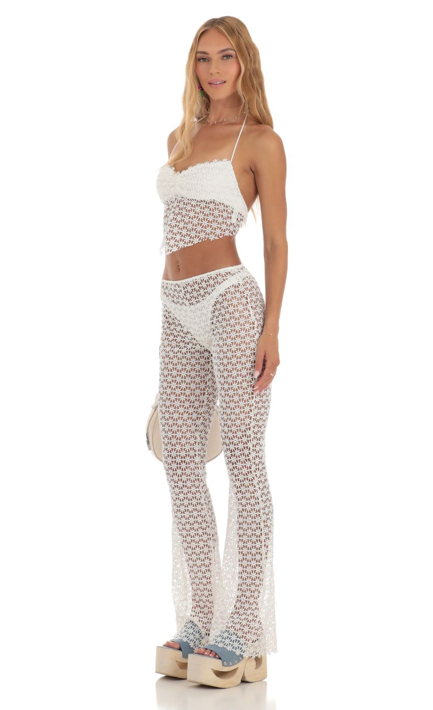 Picture Gobi Crochet Three Piece Pants Set in White. Source: https://media.lucyinthesky.com/data/May23/850xAUTO/2ec5936f-aaa1-4c63-bcd9-812077dd813f.jpg