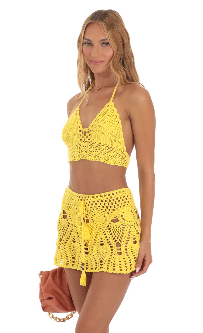 Picture Sunbeam Crochet Three Piece Skirt Set in Yellow. Source: https://media.lucyinthesky.com/data/May23/850xAUTO/42e1559e-8995-41db-8262-11592054e187.jpg