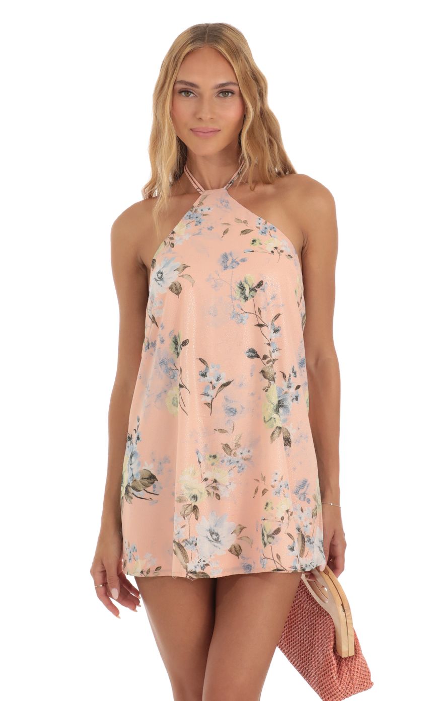 Picture Maya Foiled Floral Mini Dress in Peach. Source: https://media.lucyinthesky.com/data/May23/850xAUTO/442e5135-76e1-48e9-844a-8617d86228d0.jpg