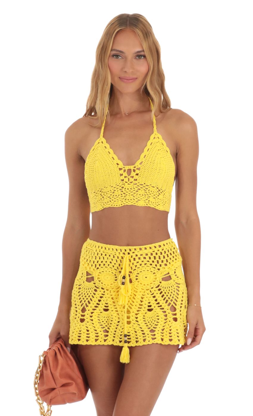 Picture Sunbeam Crochet Three Piece Skirt Set in Yellow. Source: https://media.lucyinthesky.com/data/May23/850xAUTO/46e92f43-2243-4fc2-81a5-79be3f5c0ea0.jpg