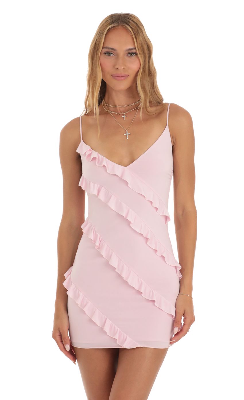 Picture Elowen Ruffle Mini Dress in Pink. Source: https://media.lucyinthesky.com/data/May23/850xAUTO/49c647f6-5c52-4267-86fd-34d4b9225101.jpg