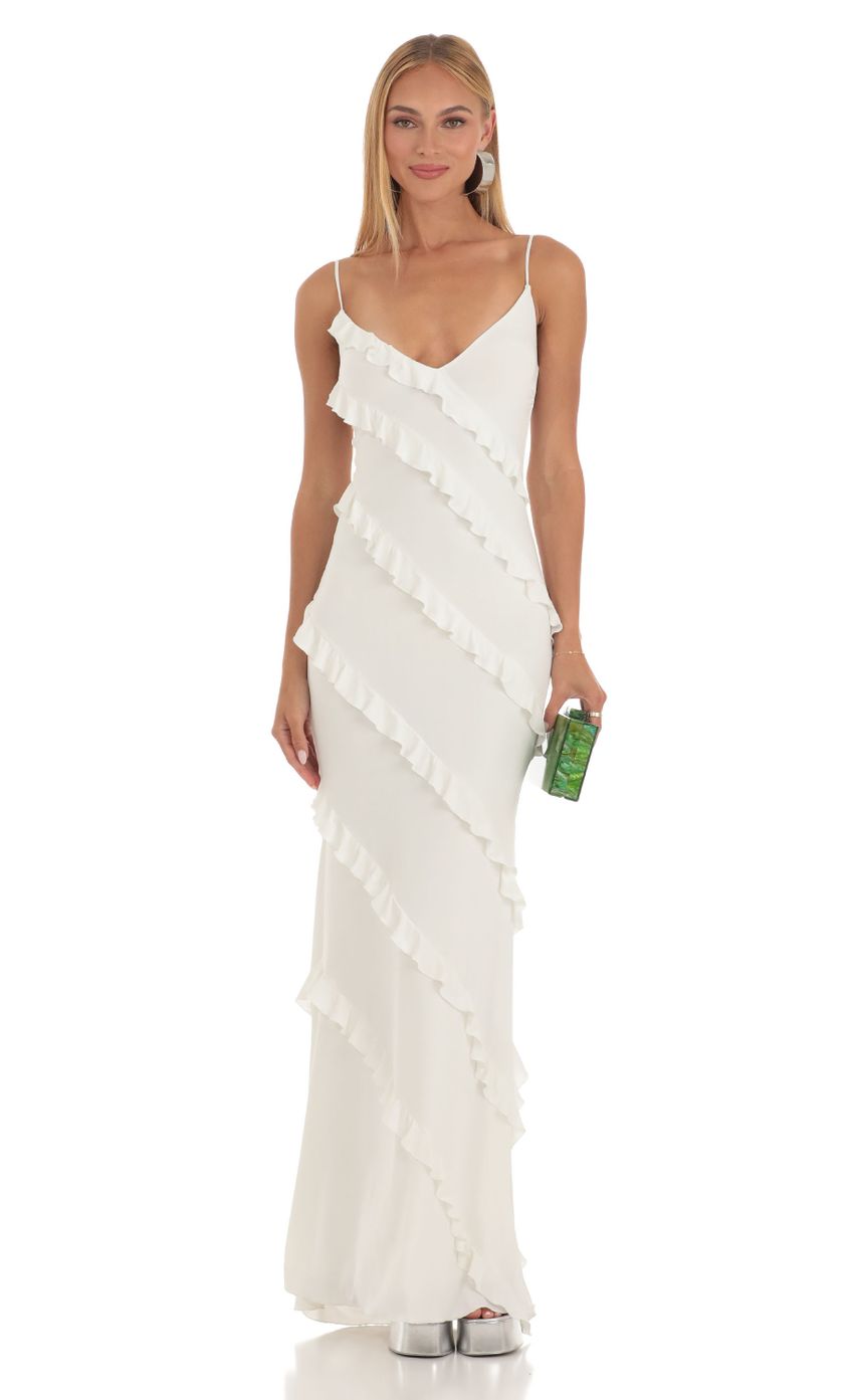 Picture Elowen Ruffle Maxi Dress in White. Source: https://media.lucyinthesky.com/data/May23/850xAUTO/4c8b0e30-9fce-4e93-bafc-becd0bc4437a.jpg