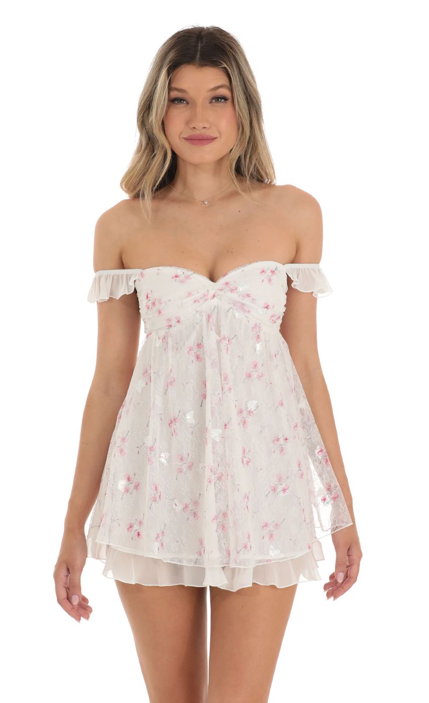 Picture Saanvi Off Shoulder Babydoll Dress in White Floral Lace. Source: https://media.lucyinthesky.com/data/May23/850xAUTO/4fa3863c-183e-4156-b713-342f56de8421.jpg