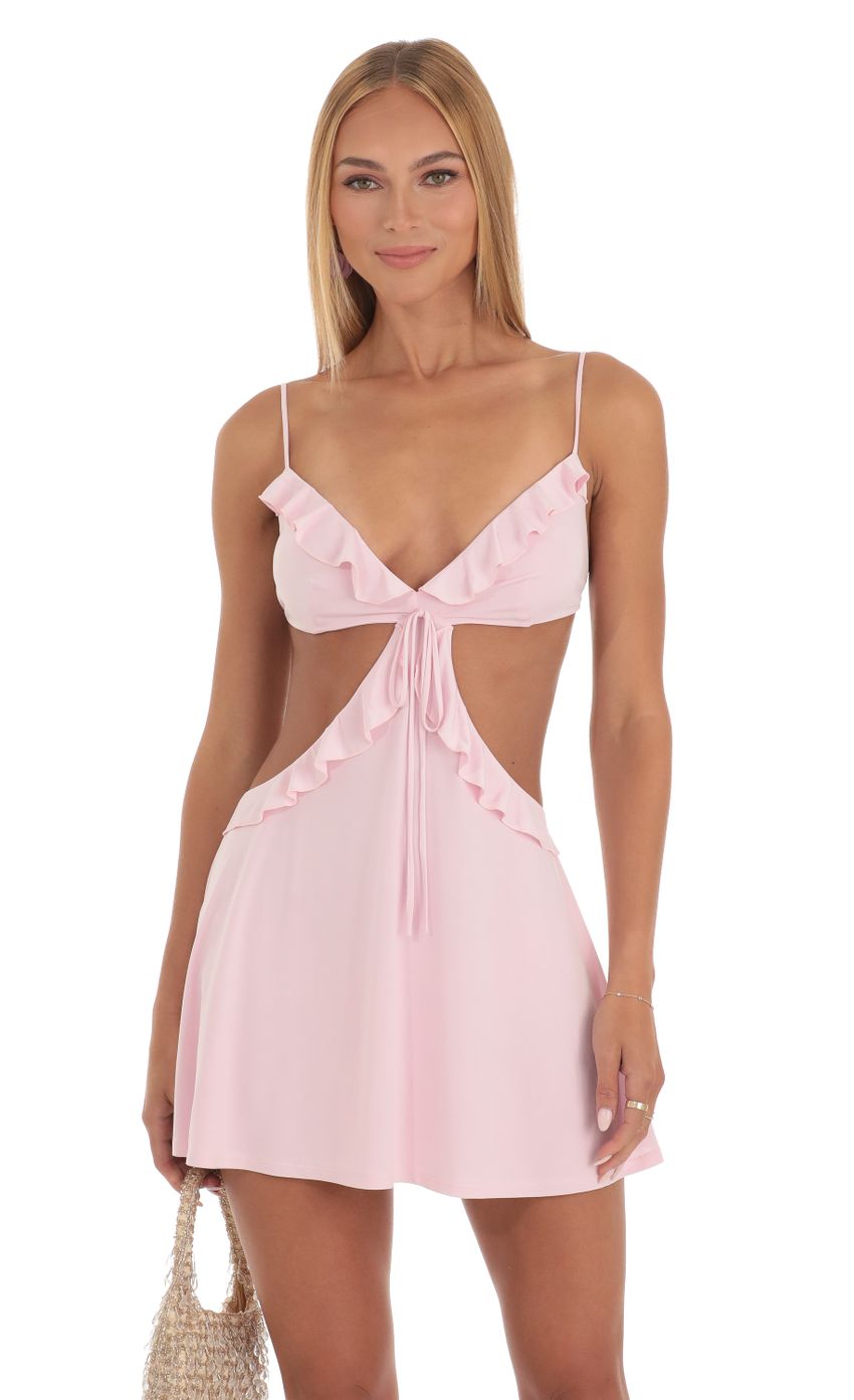 Picture Kacey Ruffle Cut-Out Dress in Pink. Source: https://media.lucyinthesky.com/data/May23/850xAUTO/61a2e395-79ea-4745-9888-3ce43e94b231.jpg