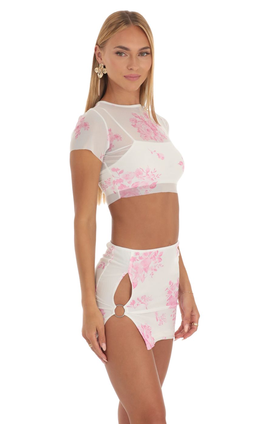 Picture Avalee Floral Print Mesh Two Piece Set in White. Source: https://media.lucyinthesky.com/data/May23/850xAUTO/6267d2a7-f84f-4817-b898-6714d1b197bd.jpg