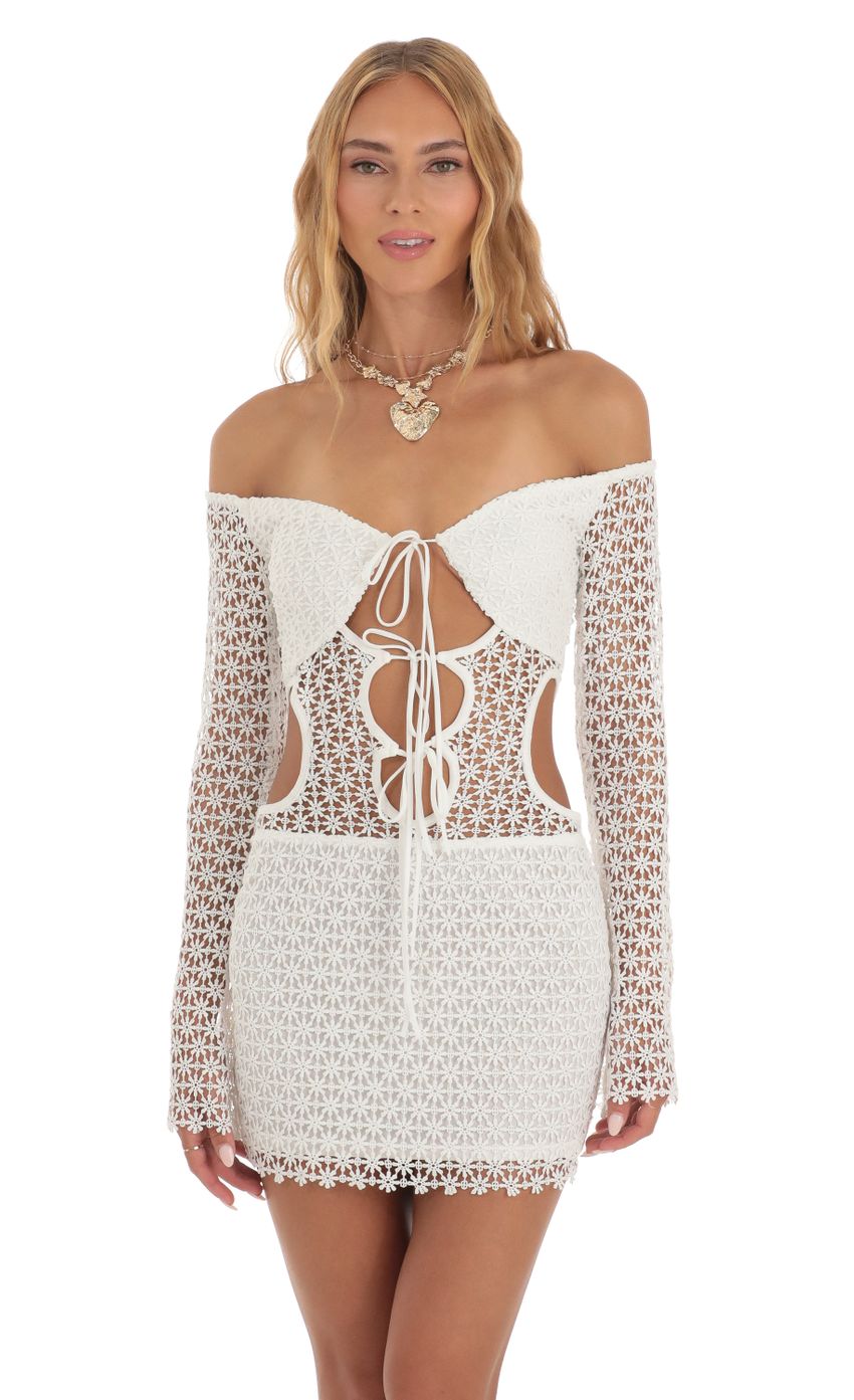 Picture Devika Crochet Cutout Dress in White. Source: https://media.lucyinthesky.com/data/May23/850xAUTO/71c63c5a-1fb6-4a50-9bf0-e2d75dba6b4f.jpg