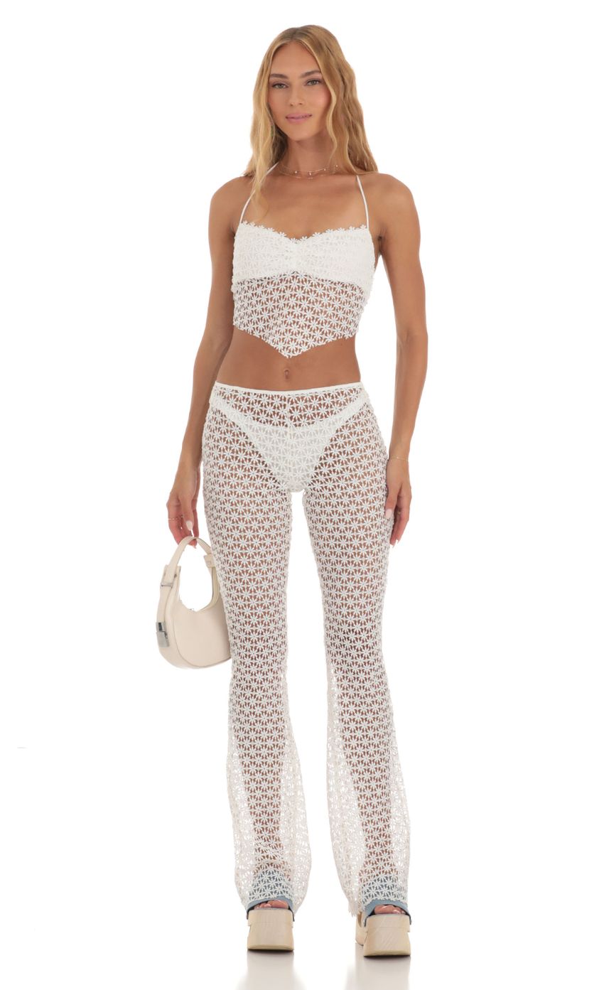 Picture Gobi Crochet Three Piece Pants Set in White. Source: https://media.lucyinthesky.com/data/May23/850xAUTO/76c3ddd7-df0e-43ff-bb02-a6f9dbacb942.jpg