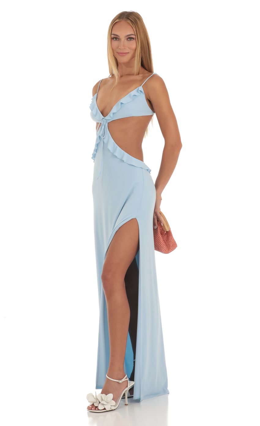 Picture Eula Cut Out Dress With Ruffles in Blue. Source: https://media.lucyinthesky.com/data/May23/850xAUTO/80de1dfd-f061-431b-8ded-9b551820dc4c.jpg