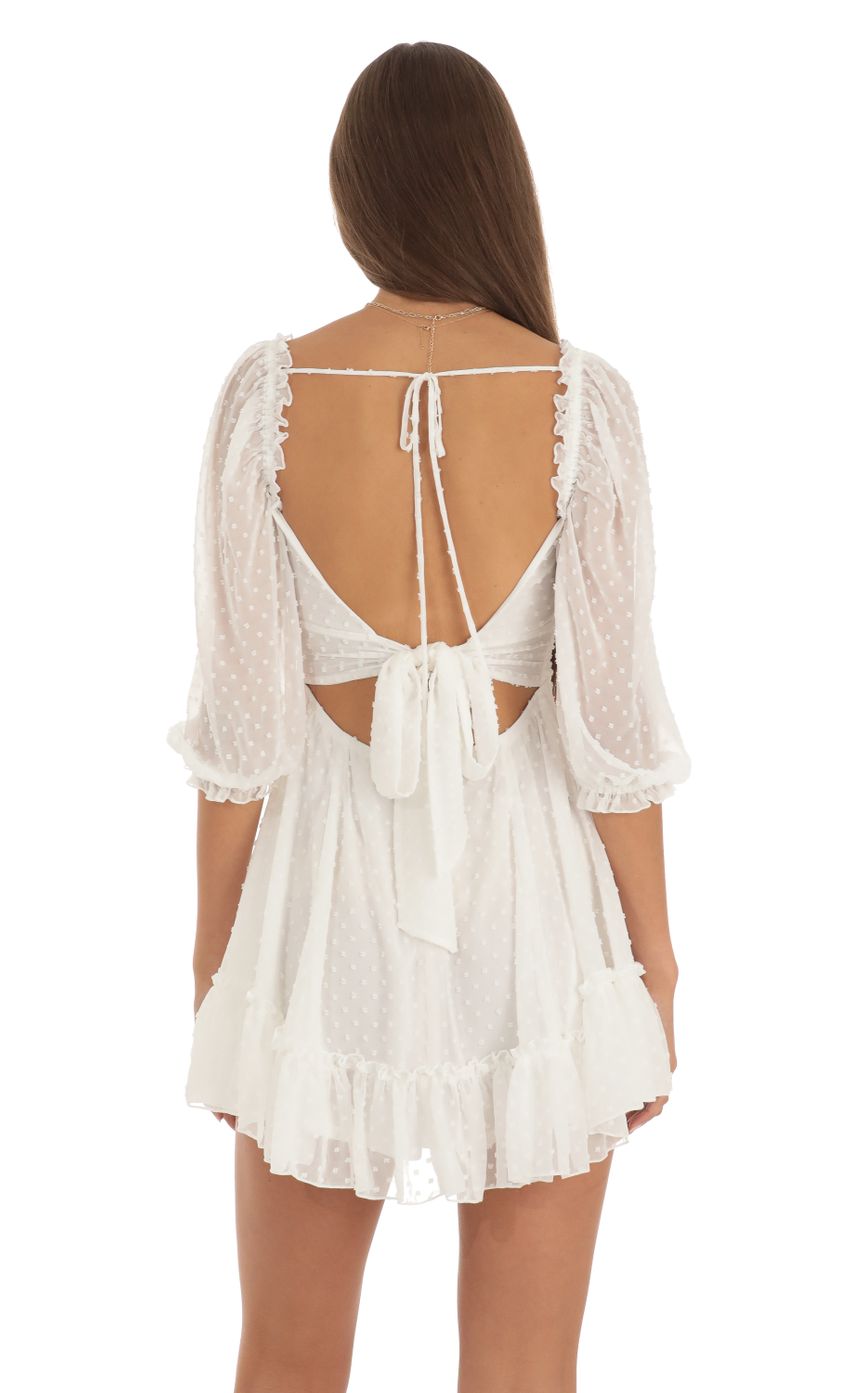 Picture Soula Chiffon Dotted A-Line Mini Dress in White. Source: https://media.lucyinthesky.com/data/May23/850xAUTO/8fa3e1c5-8370-4e13-89bb-62aa366841a3.jpg