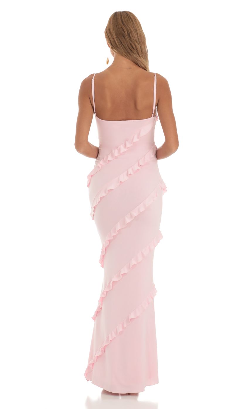 Picture Elowen Ruffle Maxi Dress in Pink. Source: https://media.lucyinthesky.com/data/May23/850xAUTO/9bcfbb88-5a52-433e-8b0f-9002c513617a.jpg