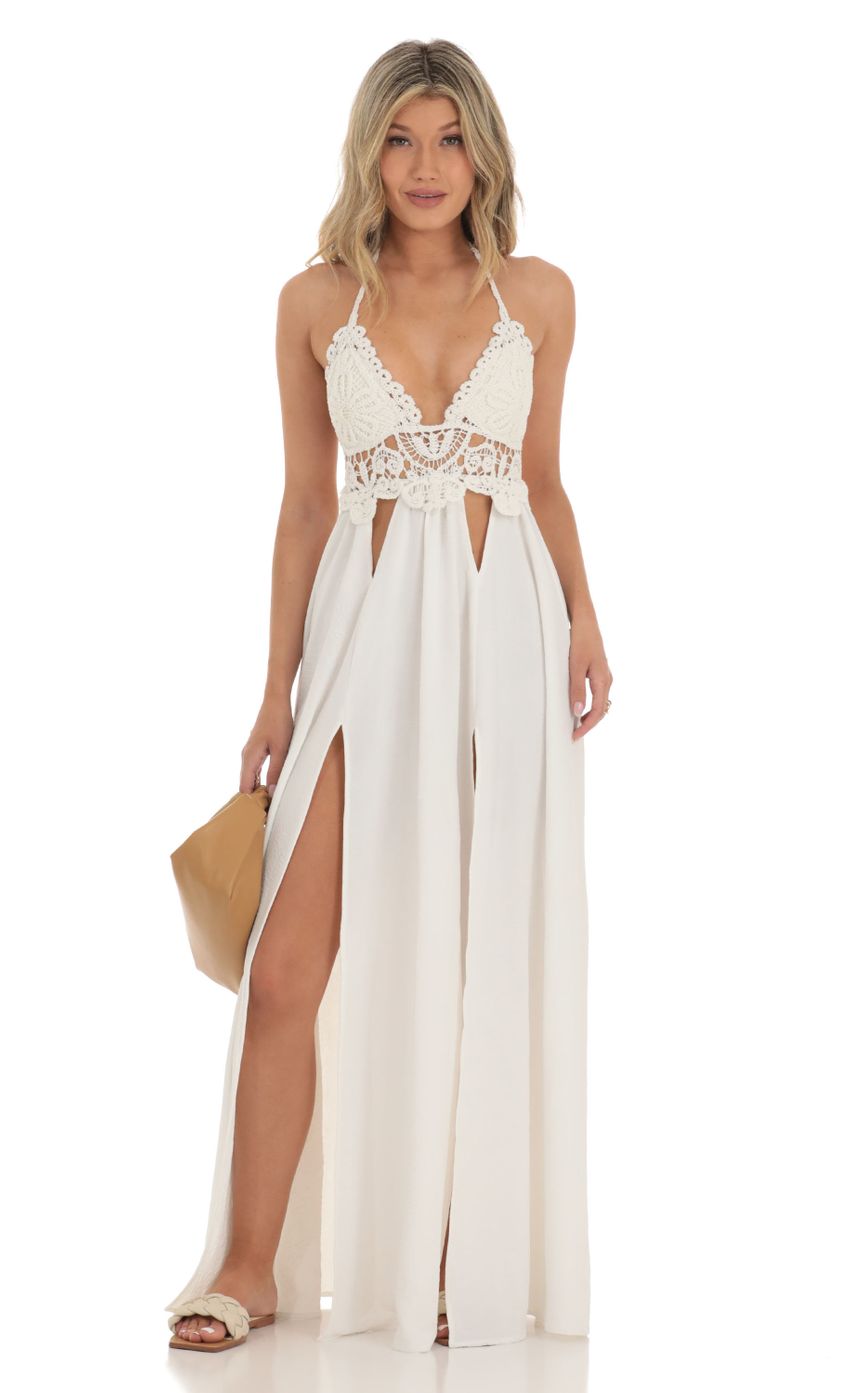 Picture Quinne Crochet Cut-Out Maxi Dress in White. Source: https://media.lucyinthesky.com/data/May23/850xAUTO/a0c47fd8-0507-4aa3-8b2e-f735528aa1bd.jpg