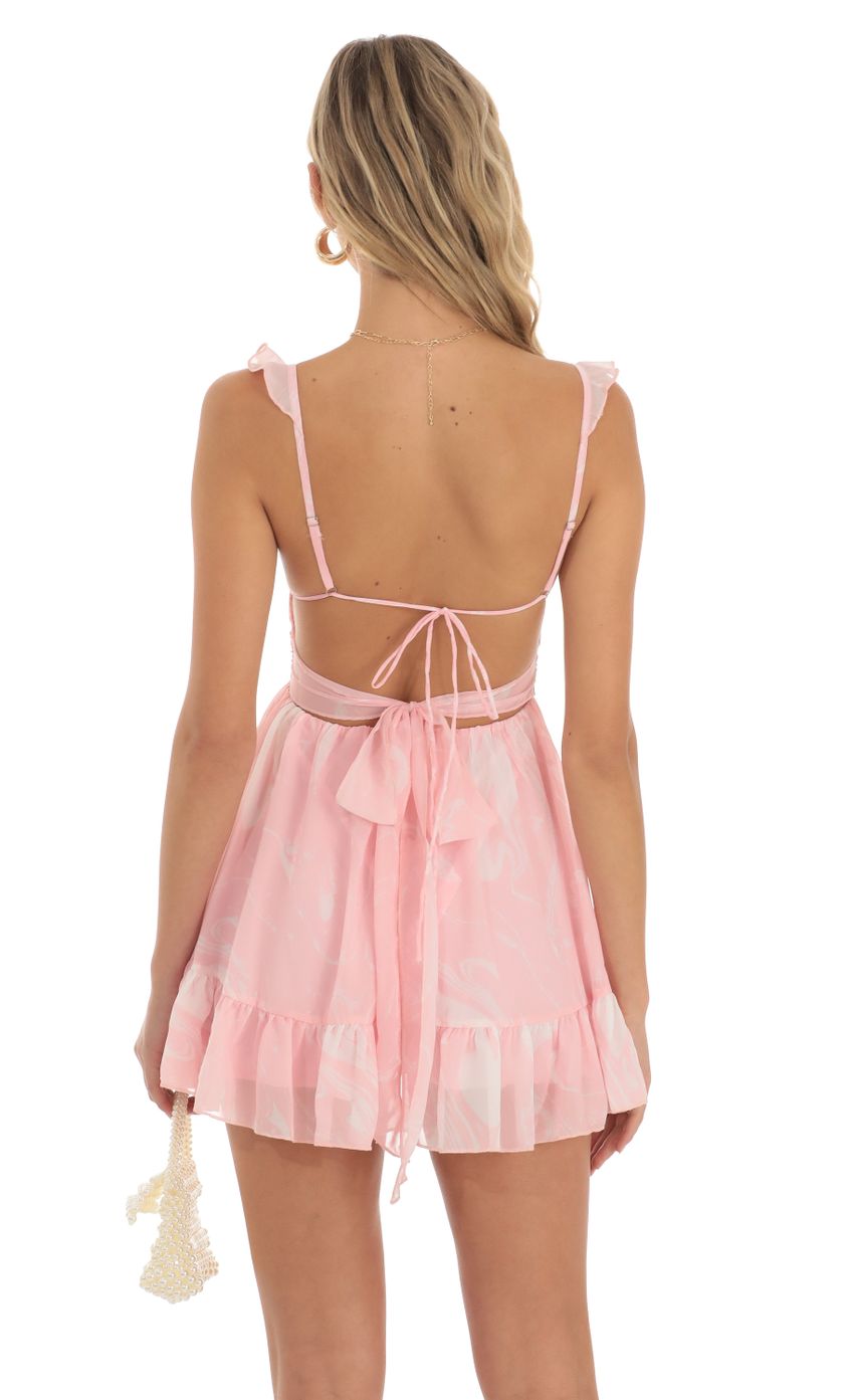 Picture Aldina Chiffon Fit and Flare Dress in Pink Swirl. Source: https://media.lucyinthesky.com/data/May23/850xAUTO/a575d778-6e83-4514-8487-3b674f83513b.jpg