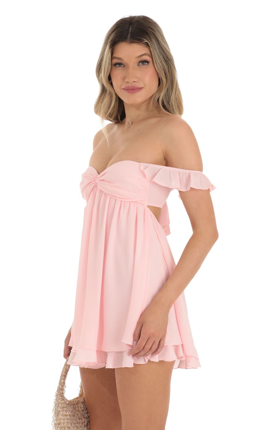 Picture Saanvi Off Shoulder Babydoll Dress in Pink. Source: https://media.lucyinthesky.com/data/May23/850xAUTO/a7908f26-efd6-40dc-9e46-d39489d19794.jpg