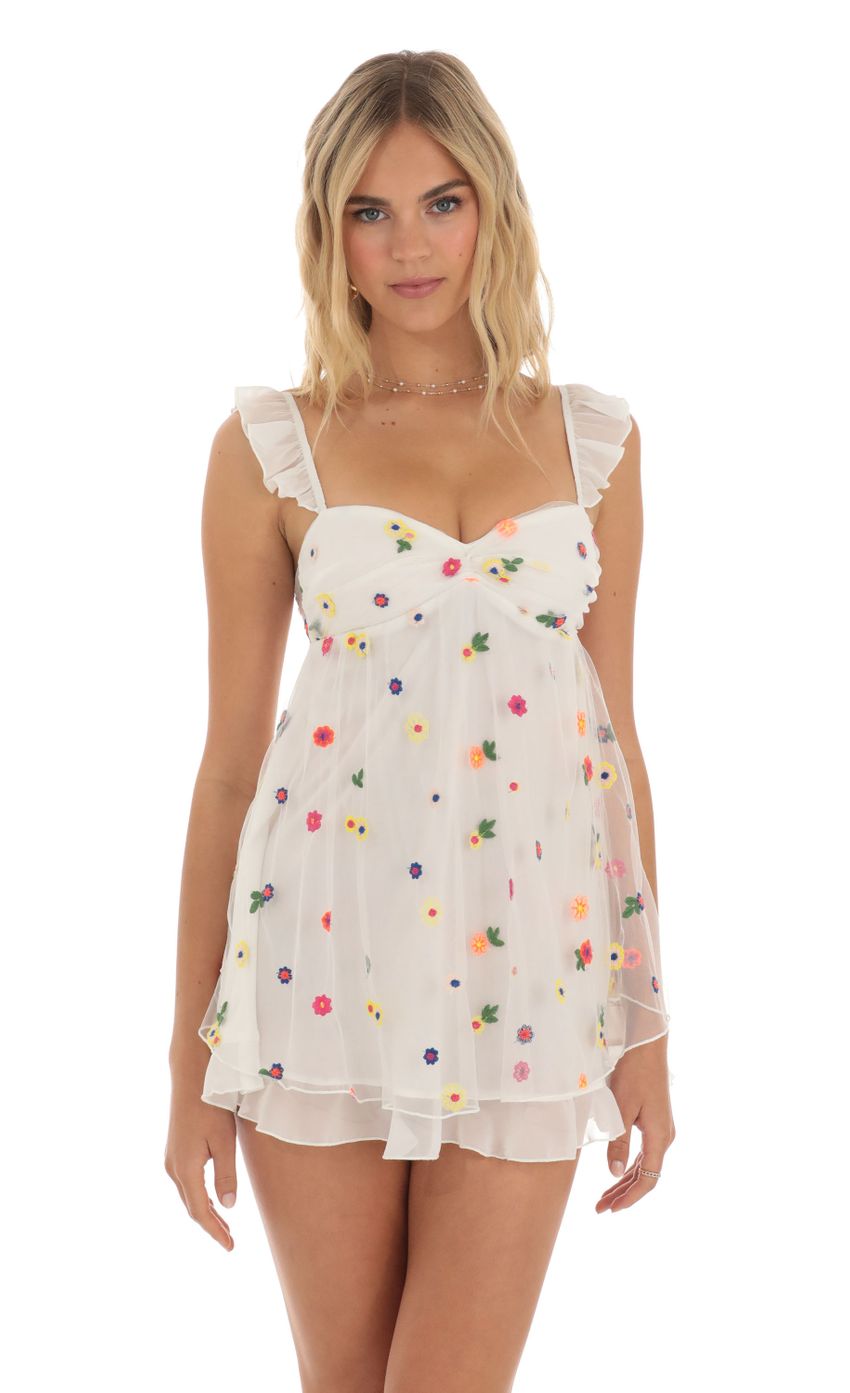Picture Saanvi Multi Floral Babydoll Dress in White. Source: https://media.lucyinthesky.com/data/May23/850xAUTO/c048d5a4-a825-4f04-a382-5d90f88e91bf.jpg