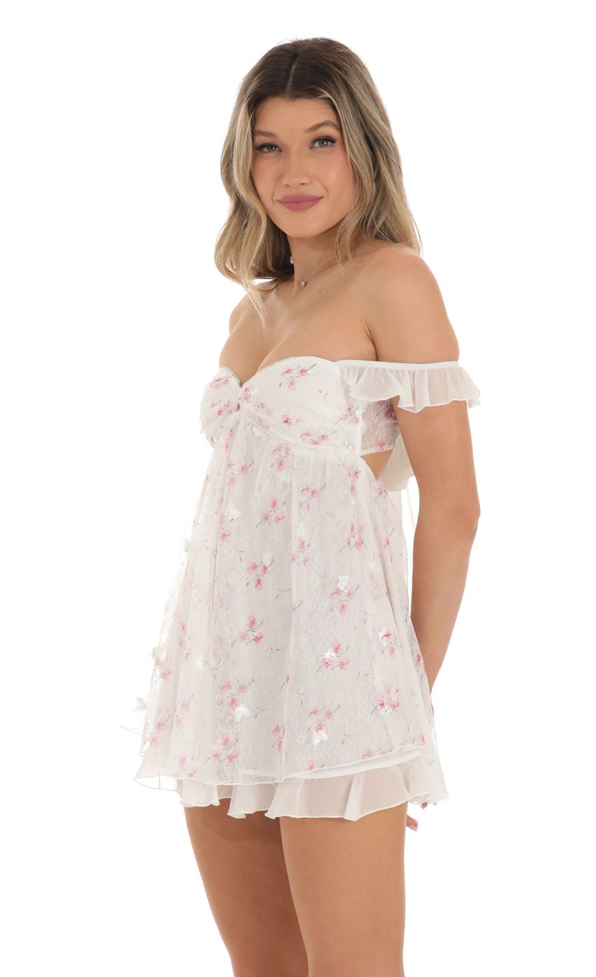 Picture Saanvi Off Shoulder Babydoll Dress in White Floral Lace. Source: https://media.lucyinthesky.com/data/May23/850xAUTO/c4c47387-a63d-4944-b0ba-29d779b15aa4.jpg