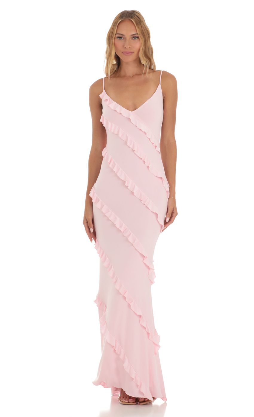 Picture Elowen Ruffle Maxi Dress in Pink. Source: https://media.lucyinthesky.com/data/May23/850xAUTO/c6c13a3b-025f-4942-a3fb-0ba68fb32a84.jpg