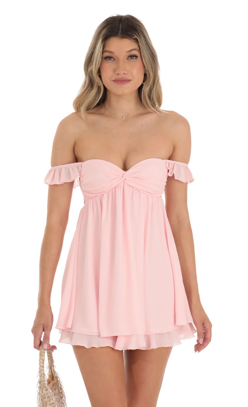Picture Saanvi Off Shoulder Babydoll Dress in Pink. Source: https://media.lucyinthesky.com/data/May23/850xAUTO/d6378136-3663-45a5-a47e-27e505abeedf.jpg