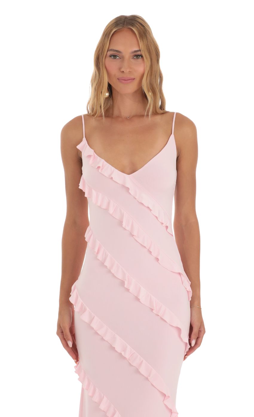 Picture Elowen Ruffle Maxi Dress in Pink. Source: https://media.lucyinthesky.com/data/May23/850xAUTO/db396a34-99de-46b9-8d81-37eed8110edc.jpg