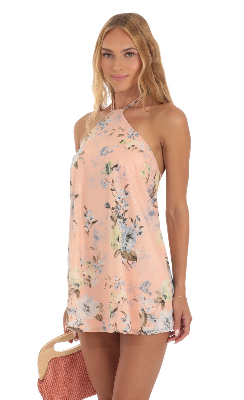 Picture Maya Foiled Floral Mini Dress in Peach. Source: https://media.lucyinthesky.com/data/May23/850xAUTO/dc0a4009-c7ba-4f88-a599-8f82853d98ad.jpg