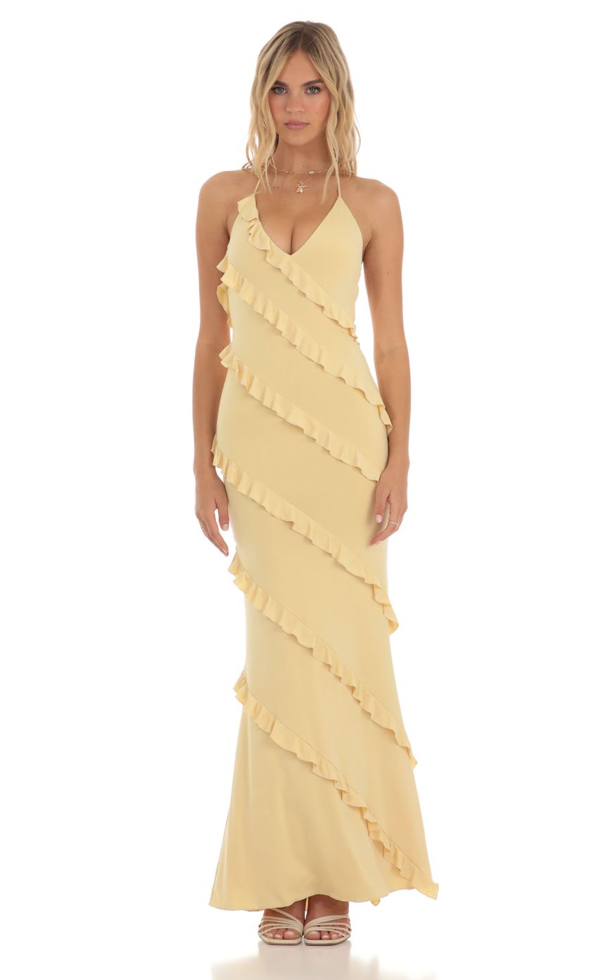 Picture Daffodil Ruffle Halter Maxi Dress in Yellow. Source: https://media.lucyinthesky.com/data/May23/850xAUTO/e0557106-c4b8-41c9-9a5d-d17e8d6e056a.jpg